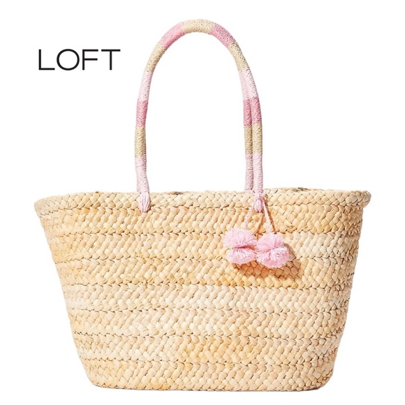LOFT Handbags - LOFT NWT Straw PomPom Tote Pink